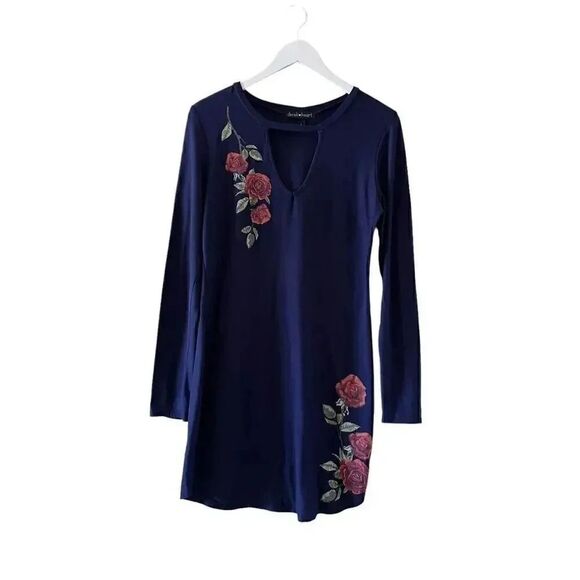 Derek Heart Navy Embroidered Roses Long Sleeves MIDI Women’s Dress SZ L #1242 - Picture 1 of 13